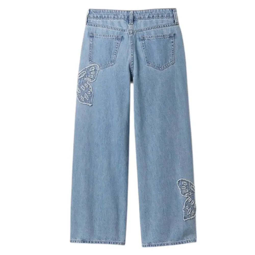 Gap Kids Butterfly Patch Wide Leg Jeans Y2K Denim Boho Aesthetic Sz Kids 12 Plus